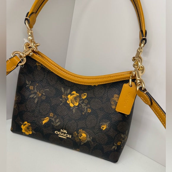 Coach Laurel Small Shoulder Bag Signature Canvas With Floral CCF17 Walnut/Yellow - Picture 2 of 11